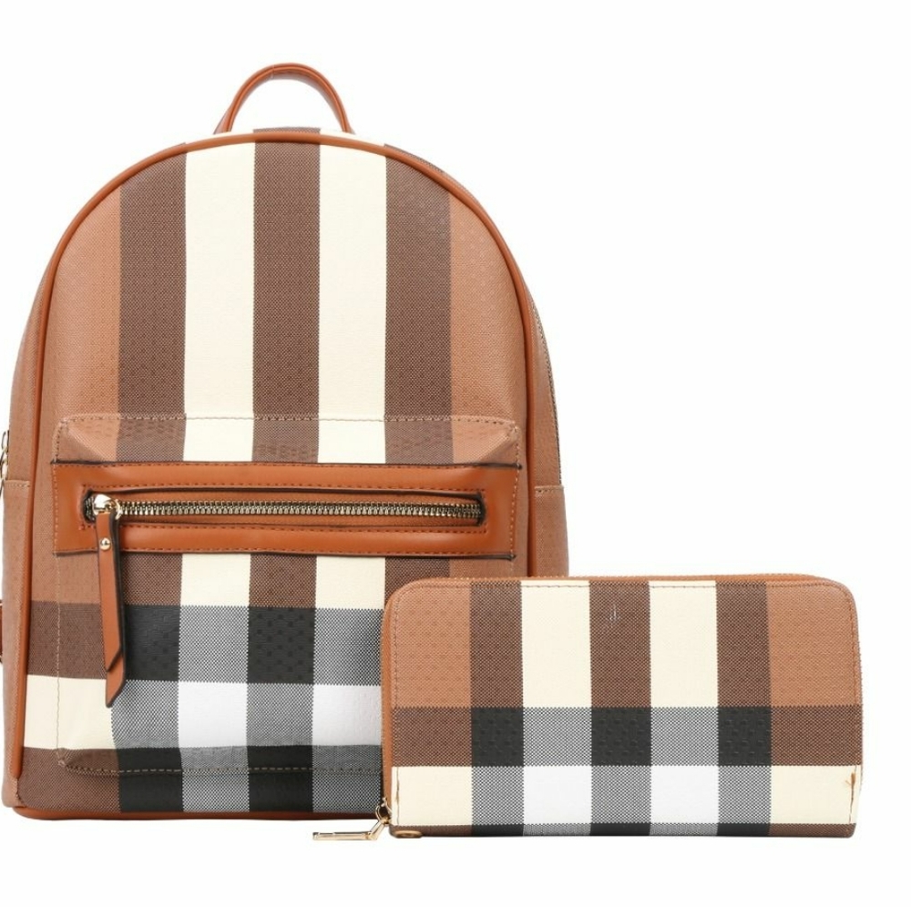 Brown Classic Print 2 Piece Backpack and Wallet